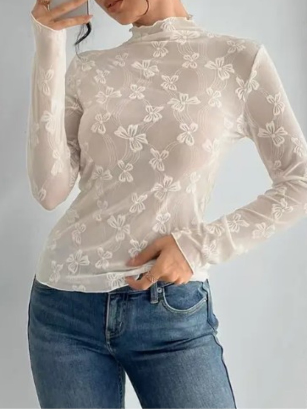 ShopEvelynne White Sheer Floral Mesh Long-Sleeve Top